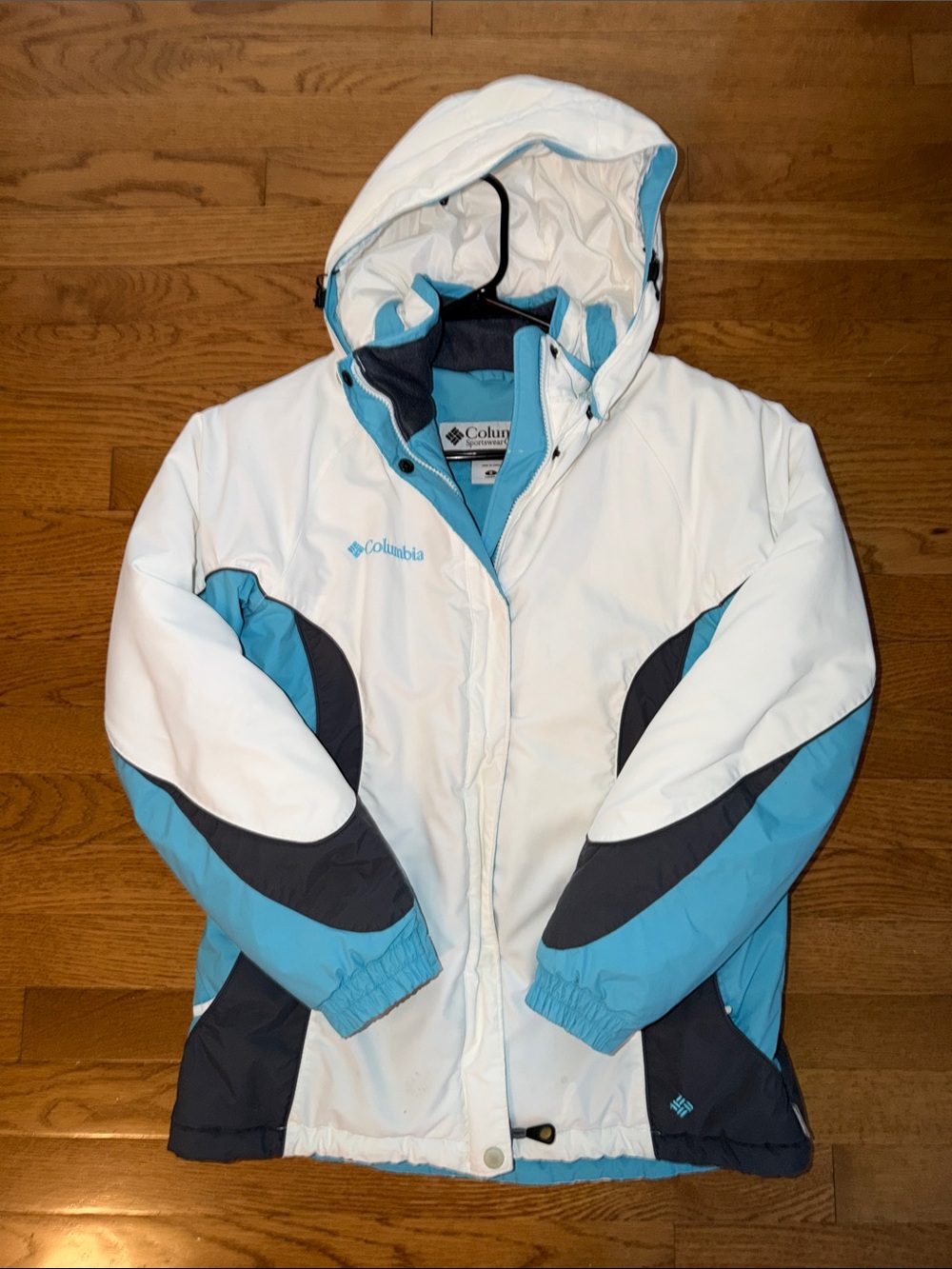 Columbia White, Light Blue & Dark Gray Insulated Hooded Puffer Jacket